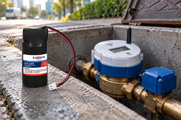 LONGSING ER26500+HPC1520 battery beside an intact NB-IoT smart water meter in a utility chamber
