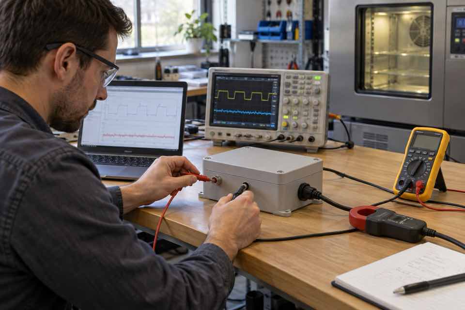 Battery application engineer measuring a sealed IoT test enclosure with an oscilloscope and multimeter