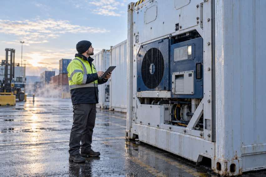 Technician inspecting a refrigerated container for cold-chain monitoring