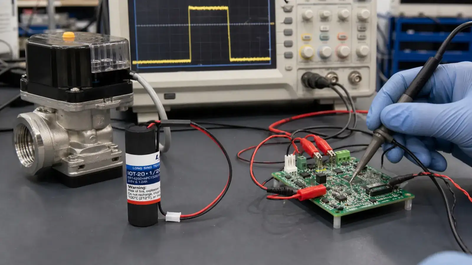 Smart gas meter shut-off valve pulse-load test using a LONGSING ER14250+HPC1520 battery