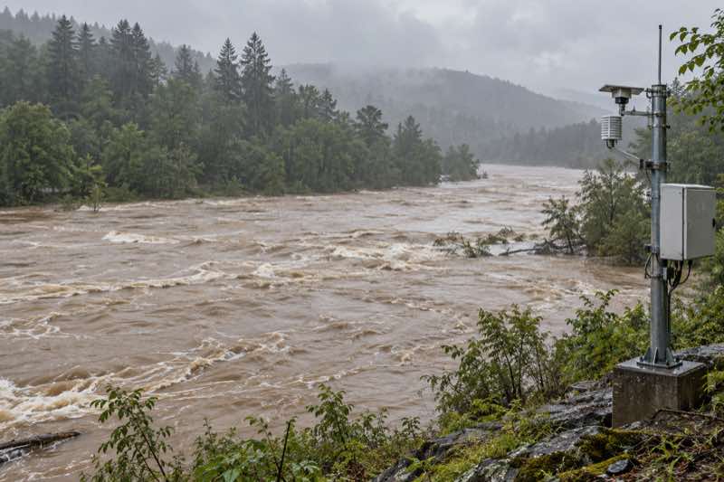 Flood monitoring station operating during high water and heavy rain