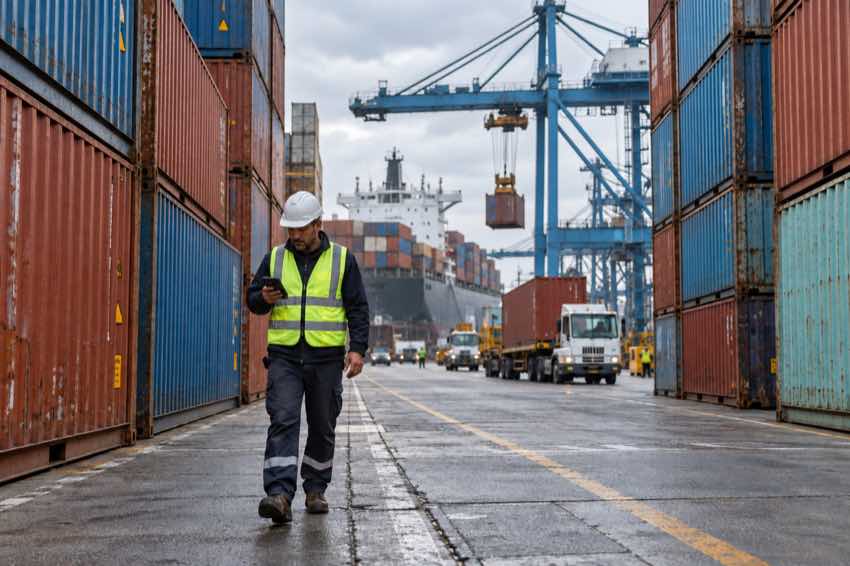 Port worker checking connectivity conditions between stacked shipping containers