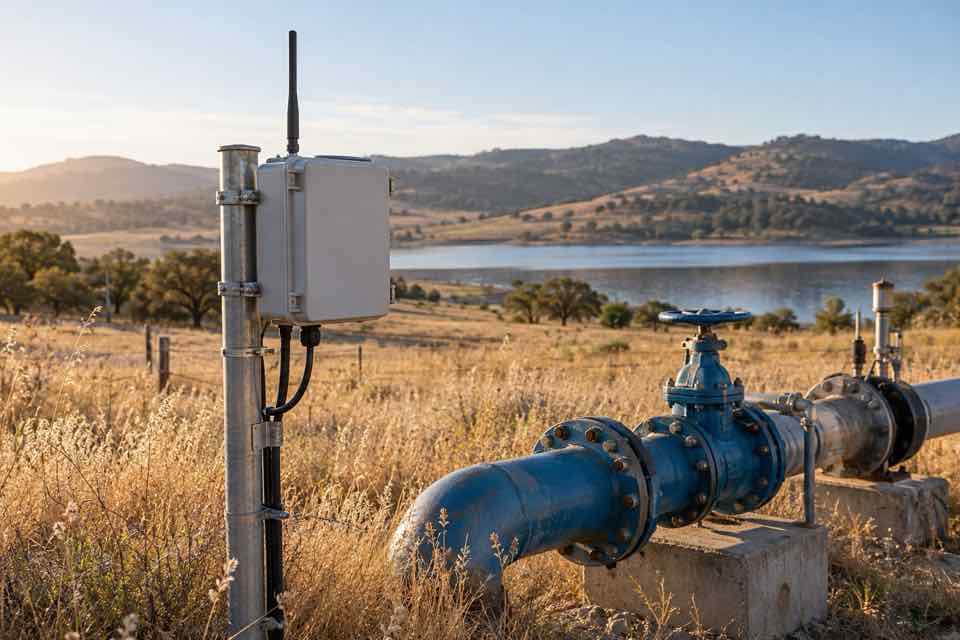 Remote water monitoring enclosure installed beside a field pipeline