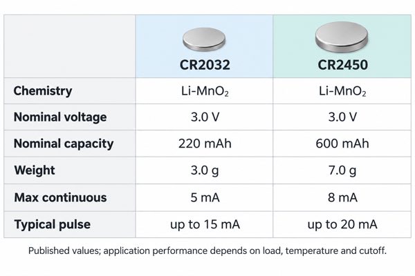 CR2032 versus CR2450 published battery values for tracker design