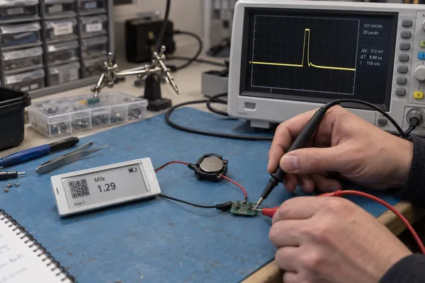 Electronic shelf label coin cell pulse-load testing on an engineering workbench
