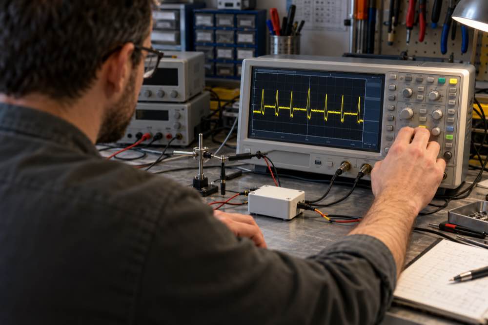 Engineer measuring an IoT tracker load waveform on an oscilloscope