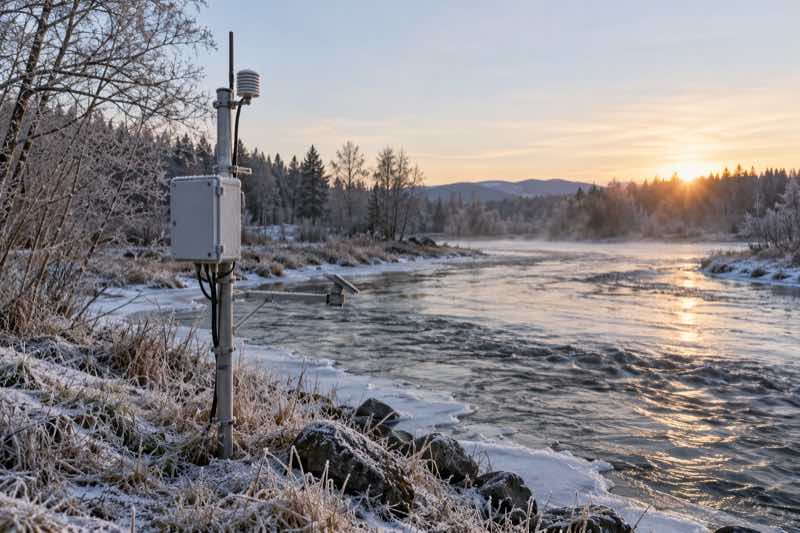 Remote river monitoring station operating in low temperature