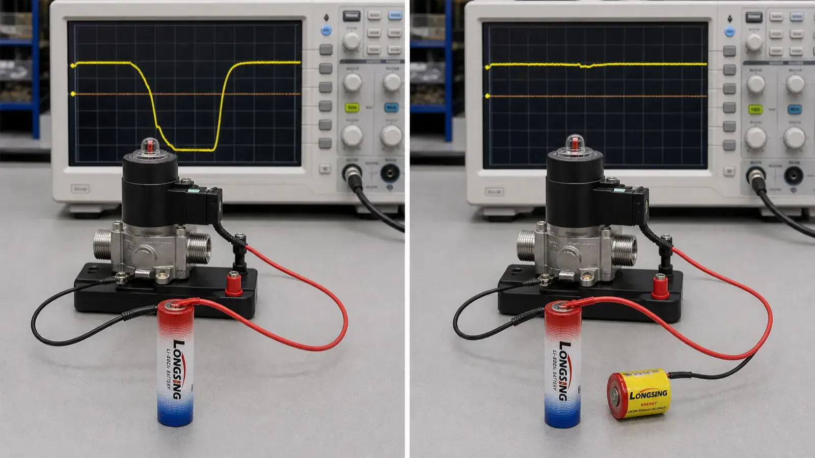Illustrative voltage sag comparison during gas valve operation with Li-SOCl₂ alone and Li-SOCl₂ plus HPC