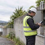 Field technician inspecting an outdoor utility meter cabinet powered by a primary lithium battery