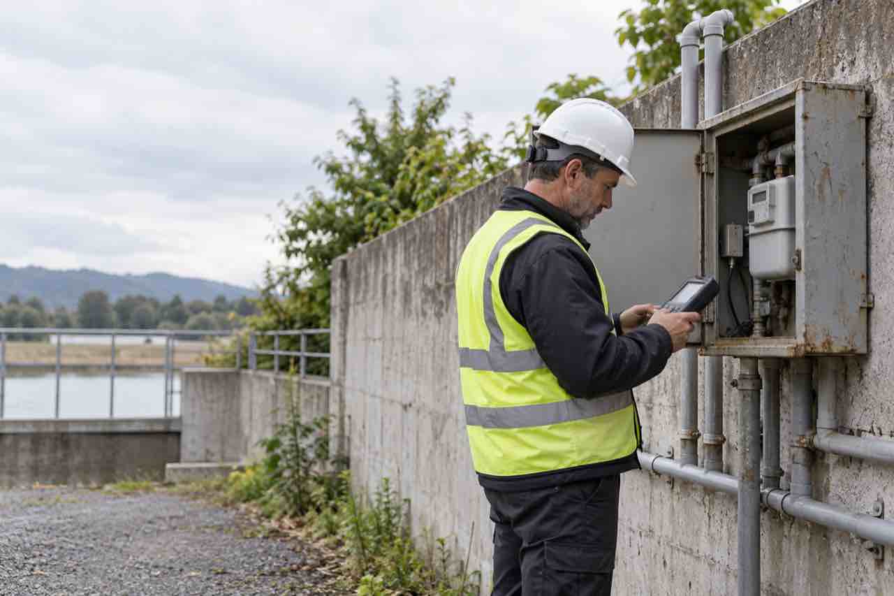 Field technician inspecting an outdoor utility meter cabinet powered by a primary lithium battery