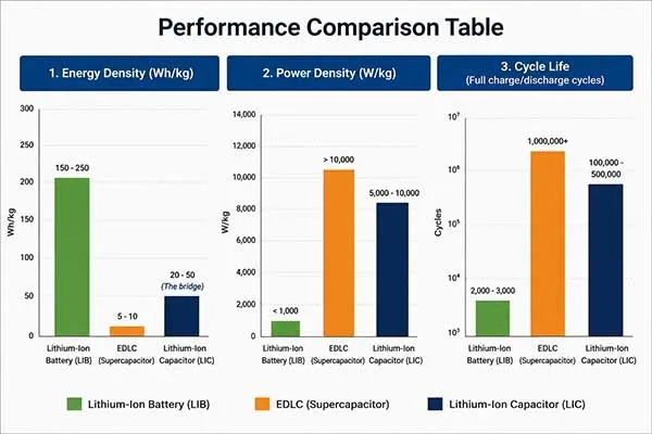 lithium-ion capacitors vs edlc vs battery comparison table