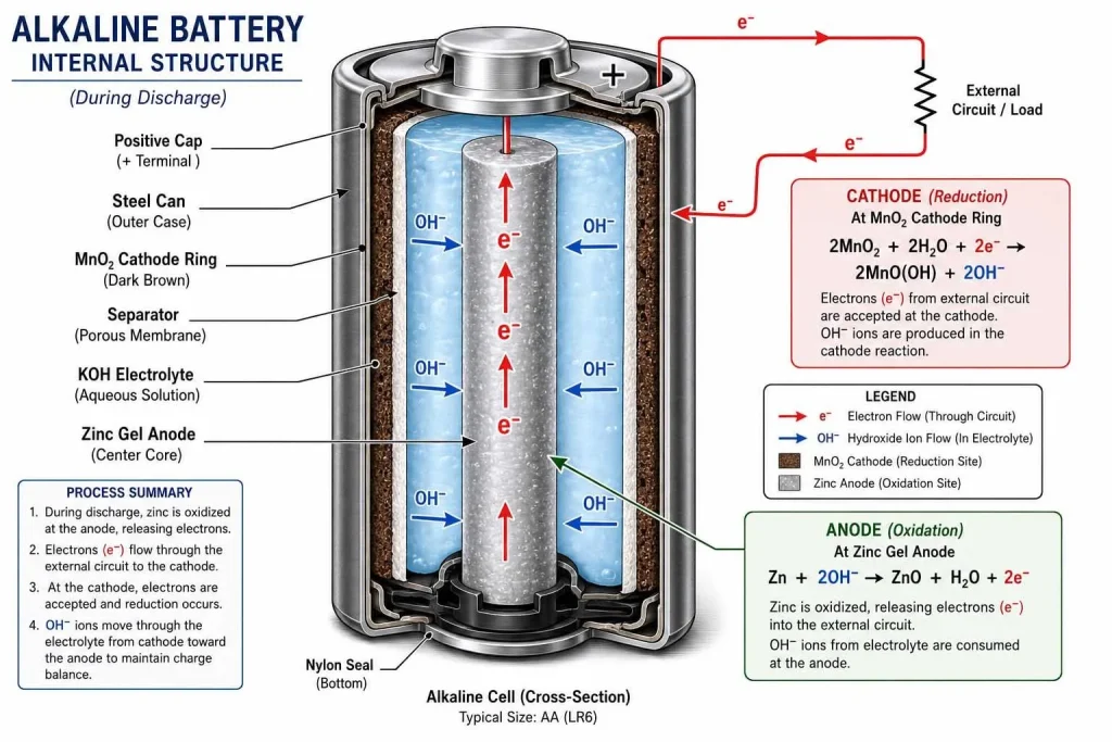 alkaline battery internal structure with electrode flow
