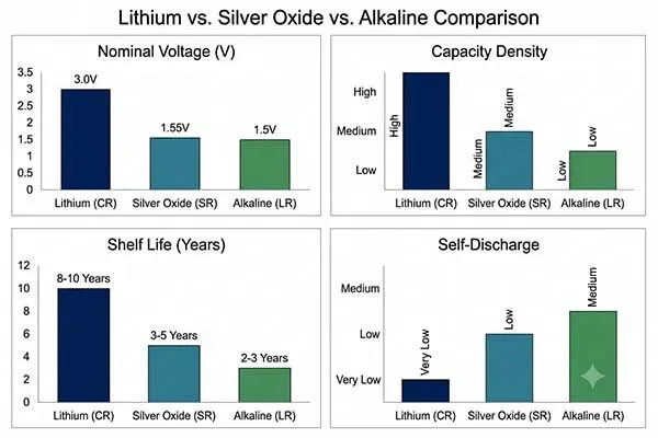 lithium button battery vs silver oxide vs alkaline performance comparison
