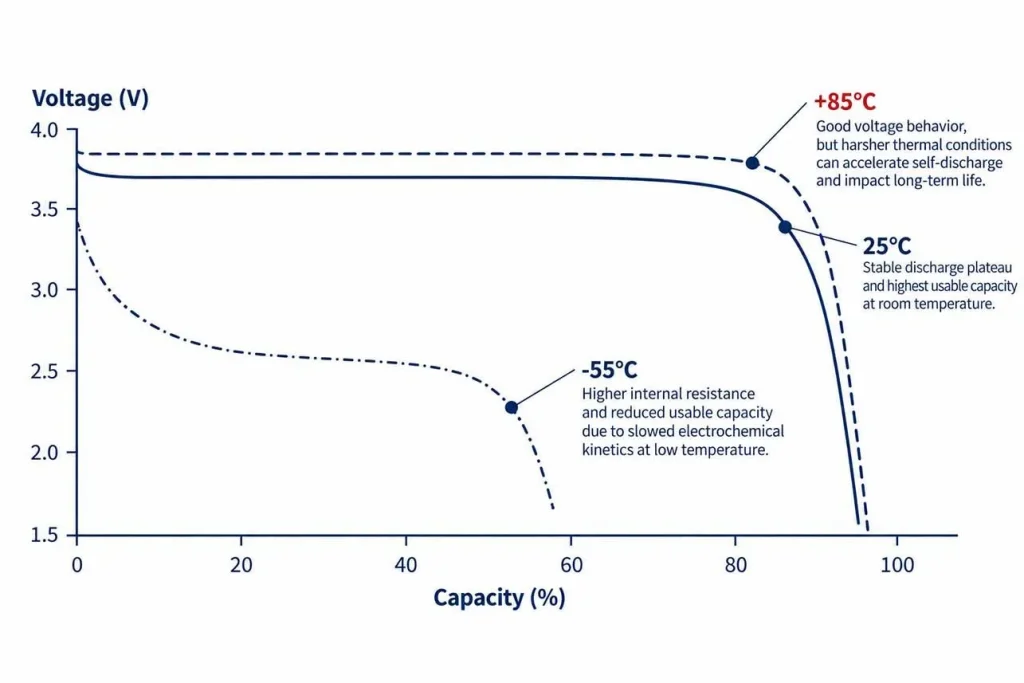 lithium thionyl chloride batteries voltage performance under different temperature