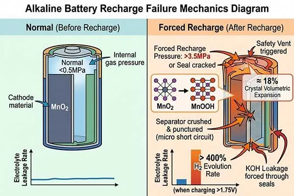 alkaline battery recharge failure mechanics diagram