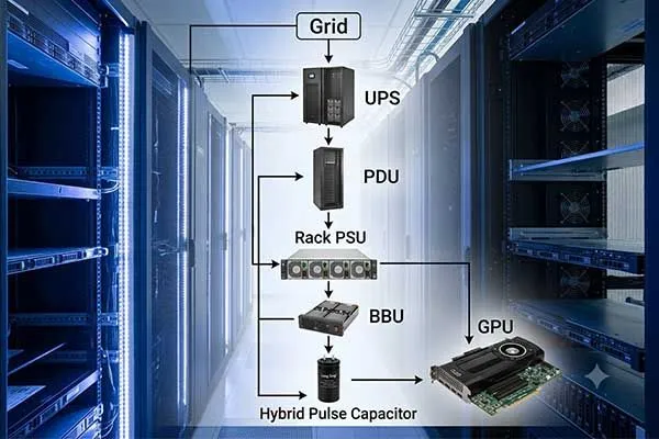 hybrid supercapacitor pulse power location in data center power backup