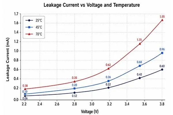 leakage current vs voltage and temperature on HSC hybrid pulse capacitors