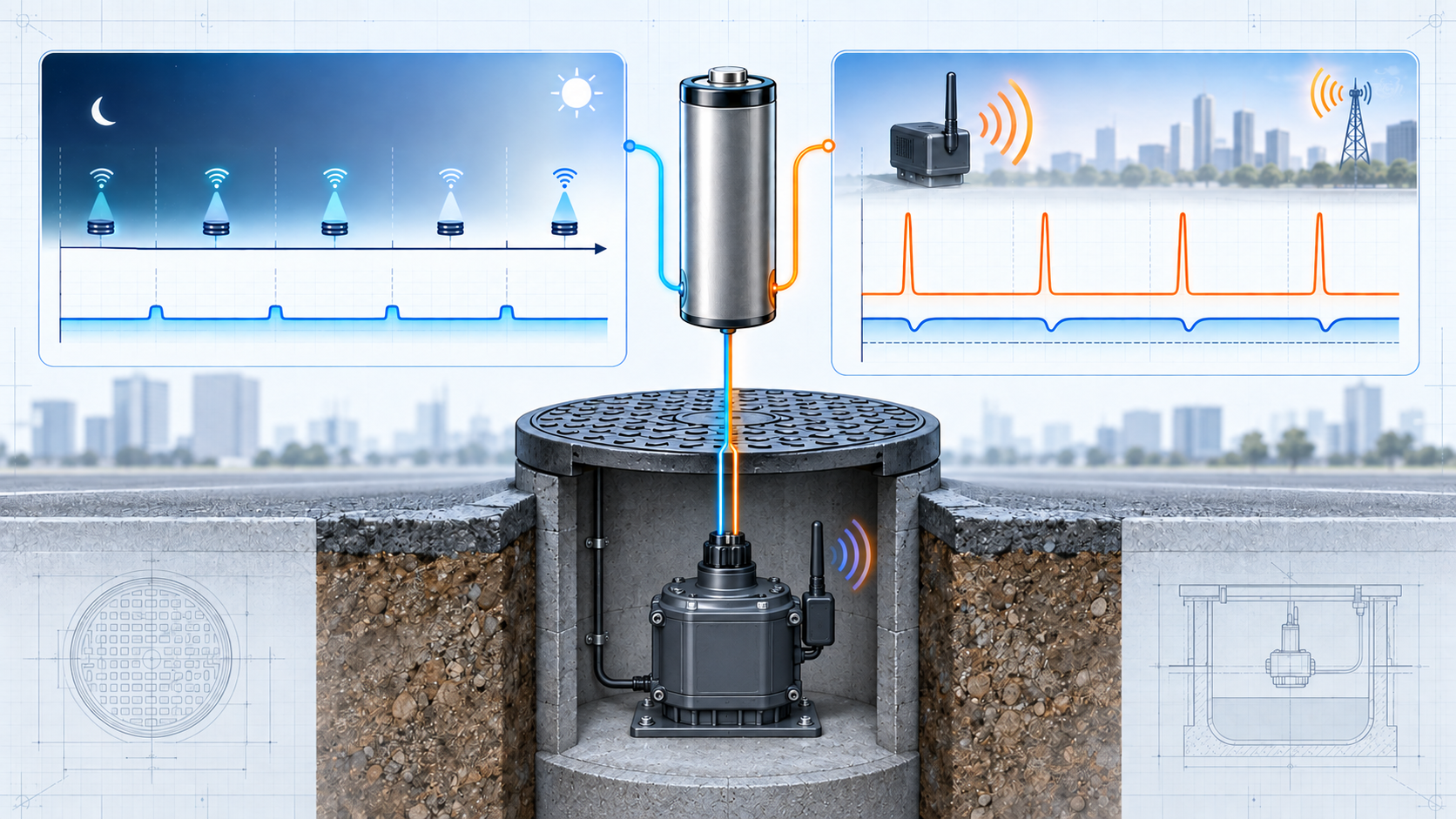 Lifetime energy versus pulse power requirements for a smart manhole cover sensor battery