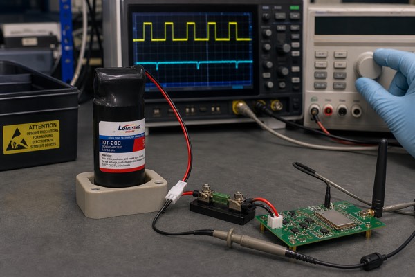 LONGSING ER26500 and HPC1520 pulse-support battery undergoing IoT load testing.