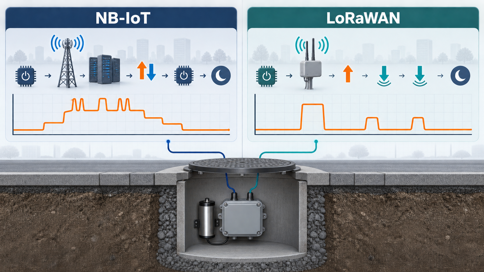 NB-IoT versus LoRaWAN battery load model considerations