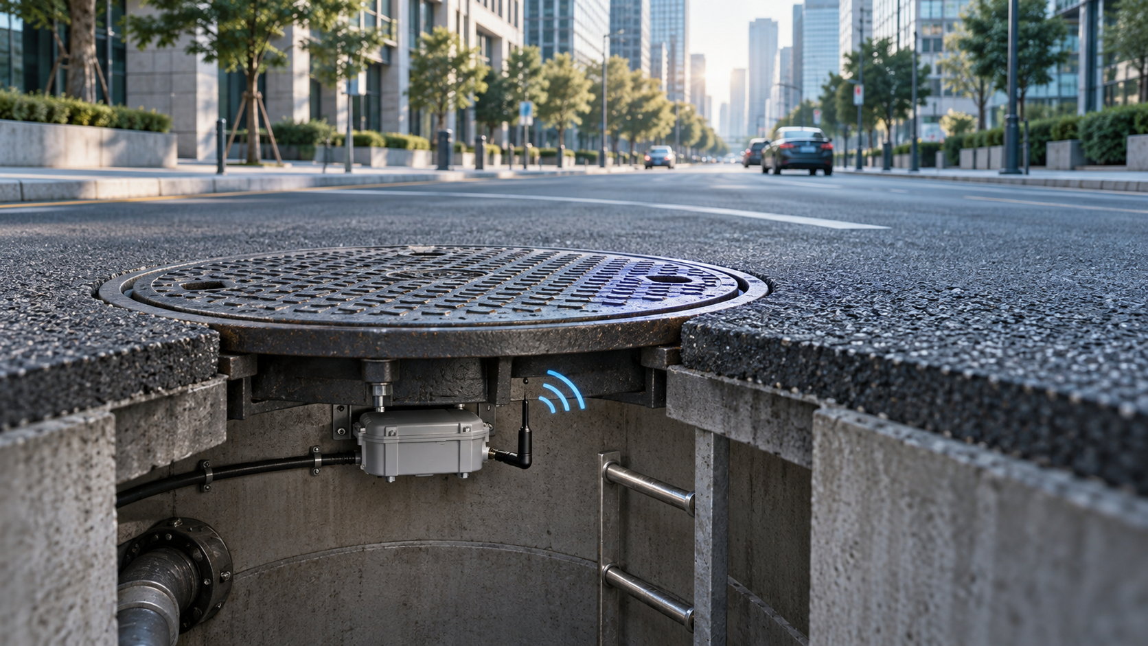 Smart manhole cover sensor battery installed in an underground IoT monitoring system