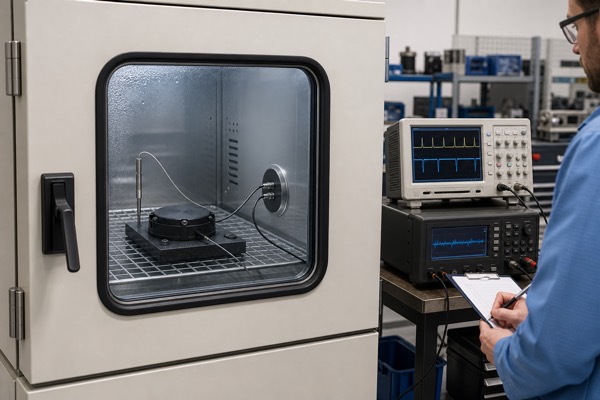 Low-temperature validation of a sealed smart parking sensor battery in an environmental chamber.