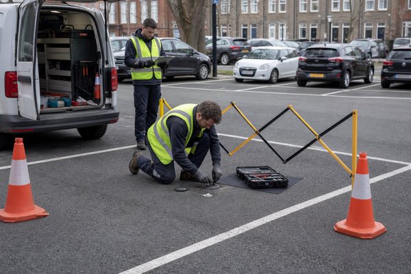 Field technicians replacing a smart parking sensor battery during municipal maintenance.