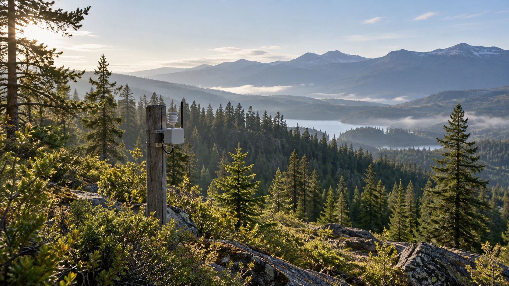 Remote wildfire detection sensor monitoring a forest environment