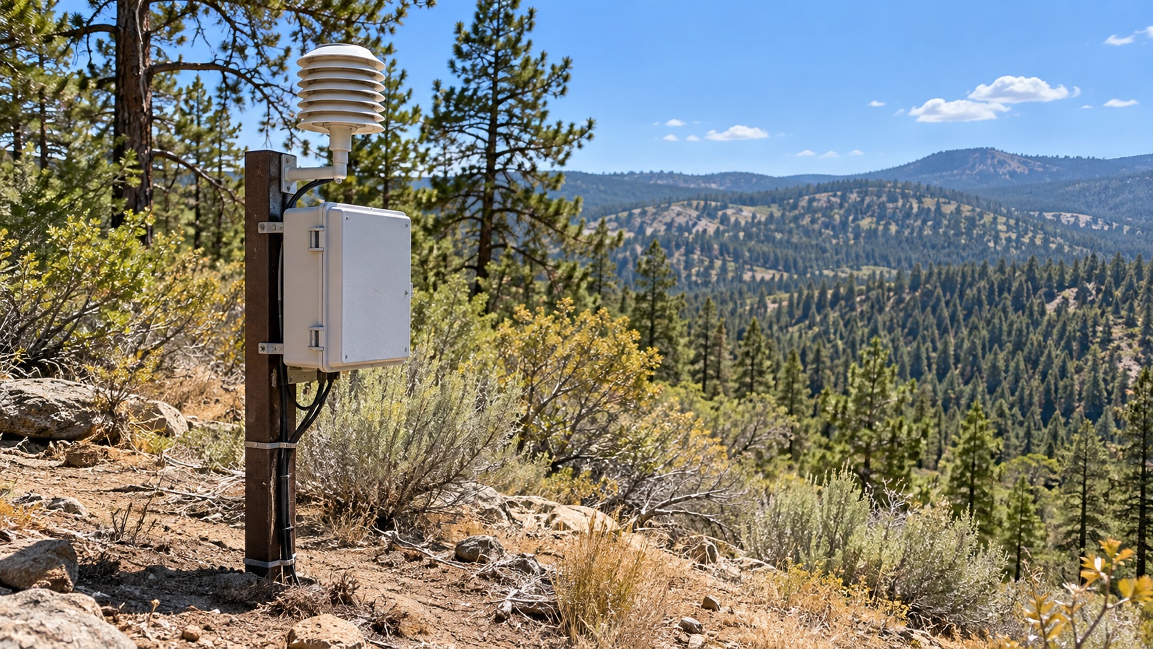 Remote forest monitoring sensor exposed to hot summer conditions