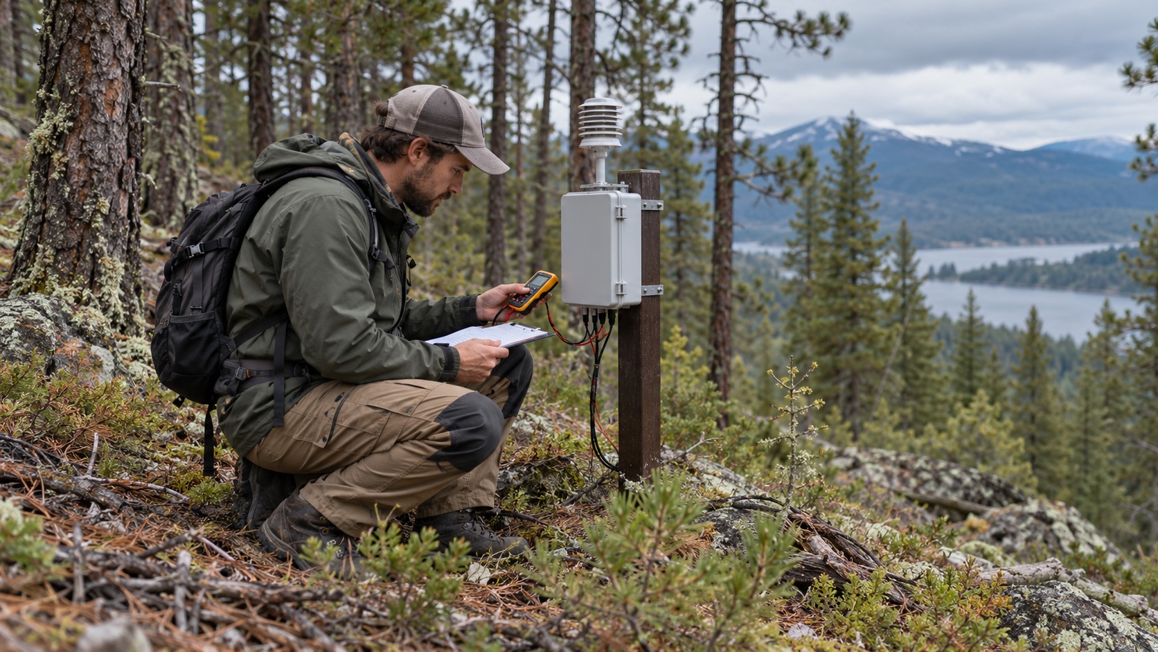 Technician inspecting a remote wildfire monitoring sensor in a forest